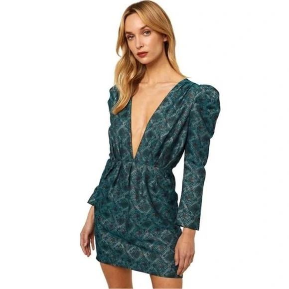 Misa Los Angeles Charlize Metallic Snake Print Deep V Mini Dress - 6 - Gree